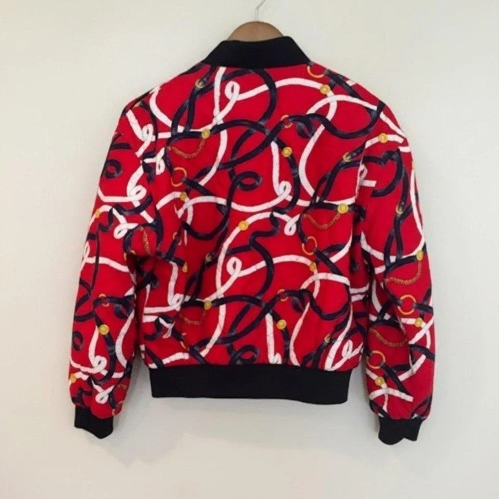 Vintage Bomber JH Collectibles Jacket Red Equestrian Chain Print Size 6 USA